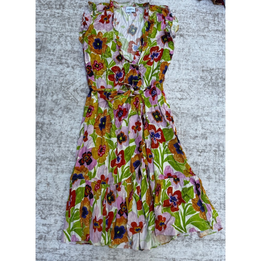 FRNCH Paris Floral Ruffle Midi Dress Women‎ Medium Pink Green Tiered Wrap Tie